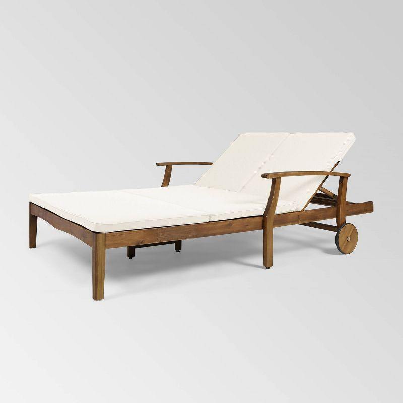 Perla Acacia Wood Double Chaise Lounge Teak/Cream: Patio Daybed with Weather-Resistant Cushions - Christopher Knight Home