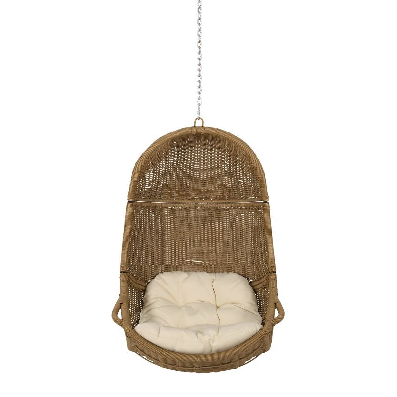 Orville Indoor/Outdoor Wicker Hanging Chair with 8' Chain - Light Brown/Beige - Christopher Knight Home: Polyester, Weather-Resistant