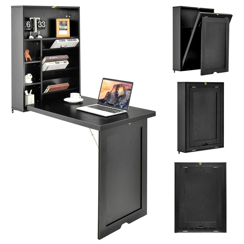 Costway Wall Mounted Computer Convertible Desk Floating Desk w/ Storage Bookcases Black