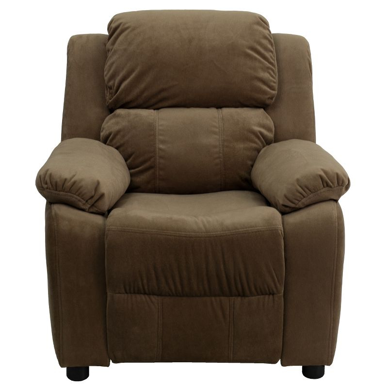 Emma and Oliver Deluxe Padded Brown Microfiber Kids Recliner with Storage Arms