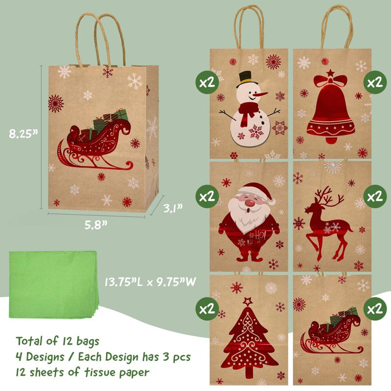 Wrapables 12pc Christmas Kraft Gift Bags with Tissue Paper Festive Red 12pc