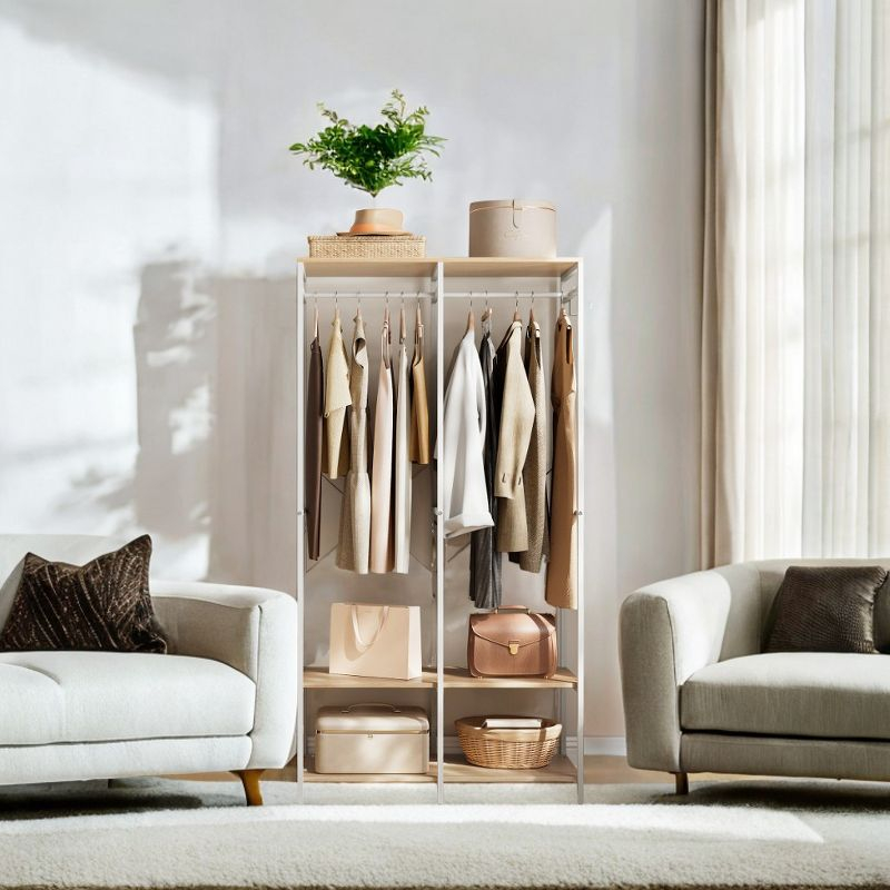 Wardrobe Closet Organizer Clothing Storage Iron and Wood Heavy Duty Clothes Rack with Hanging Rods, Shelves, and Removable Hooks 15.7 x 37.2 x 70.9