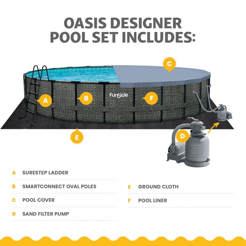 Funsicle 24 Feet by 52 Inches Oasis Designer Round Frame Above Ground Swimming Pool with SkimmerPlus Filter Pump and Cover, Dark Herringbone Pattern