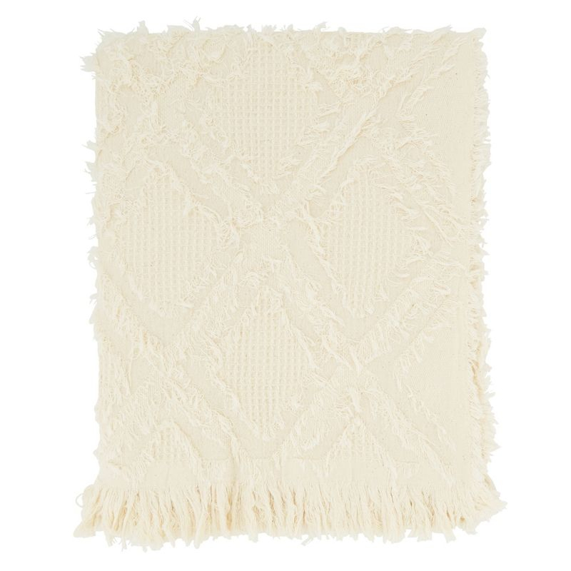 Saro Lifestyle Throw Blanket With Fringe Waffle Weave Design, Ivory, 50x60 inches