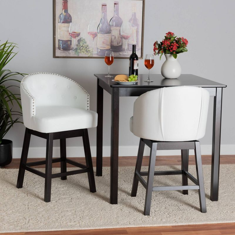 2pc Theron Faux Leather and Wood Swivel Counter Height Barstools Set White/Espresso Brown - Baxton Studio: Rubberwood Frame, 27" Fixed Height