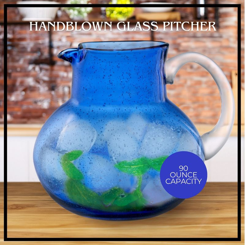 Artland Iris 90 Oz Handblown Glass Pitcher, Bubble Shape, Lead-Free, Versatile Drink Dispenser for Water, Cocktails, Dishwasher Safe - Cobalt Blue