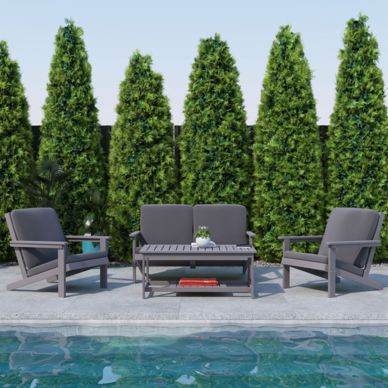 Flash Furniture Charlestown All-Weather Poly Resin Wood Adirondack Style Deep Seat Patio Loveseat with Cushions, Gray/Gray
