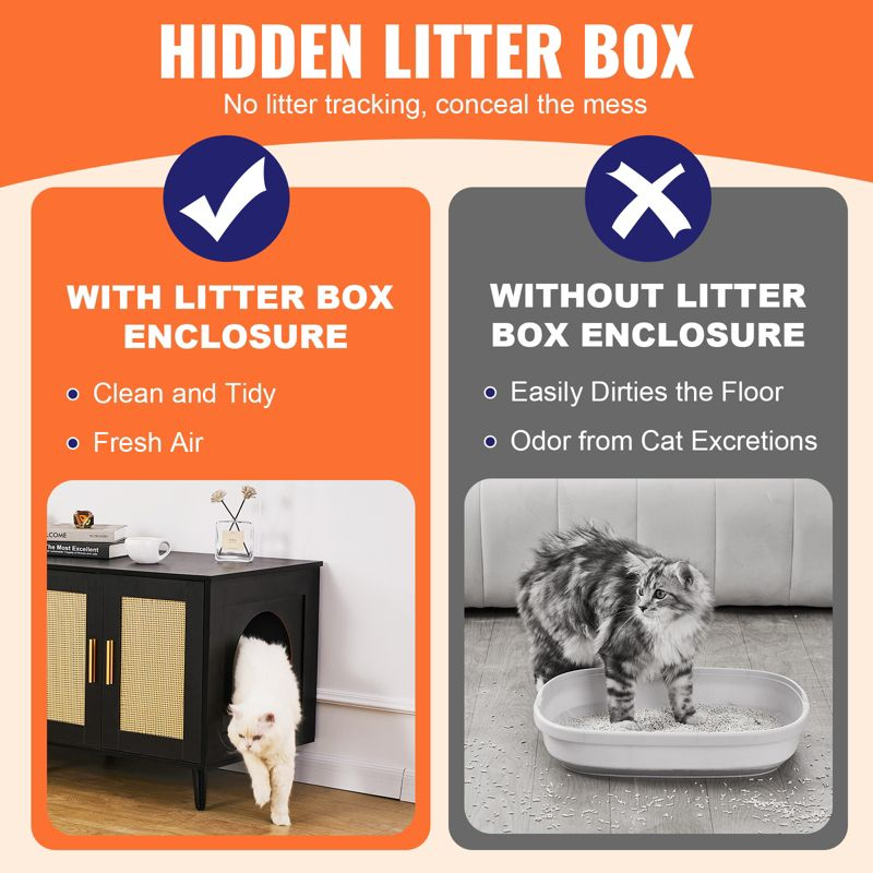 VEVOR Cat Litter Box Enclosure for 2 Cats, Litter Box Furniture Hidden with Rattan Decorated Doors, Wooden Cat Box Cabinet, Black