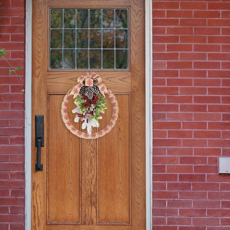 Haute Décor 18in Snowflake Homespun Wreath: Winter Door Bow, Pinecones, Faux Foliage, Indoor/Outdoor Use