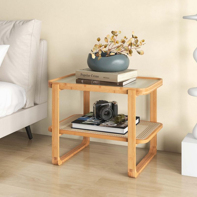 Costway 2 PCS Bamboo Side Table Rattan Shelf Glass Top Nightstand Small Sofa End Table