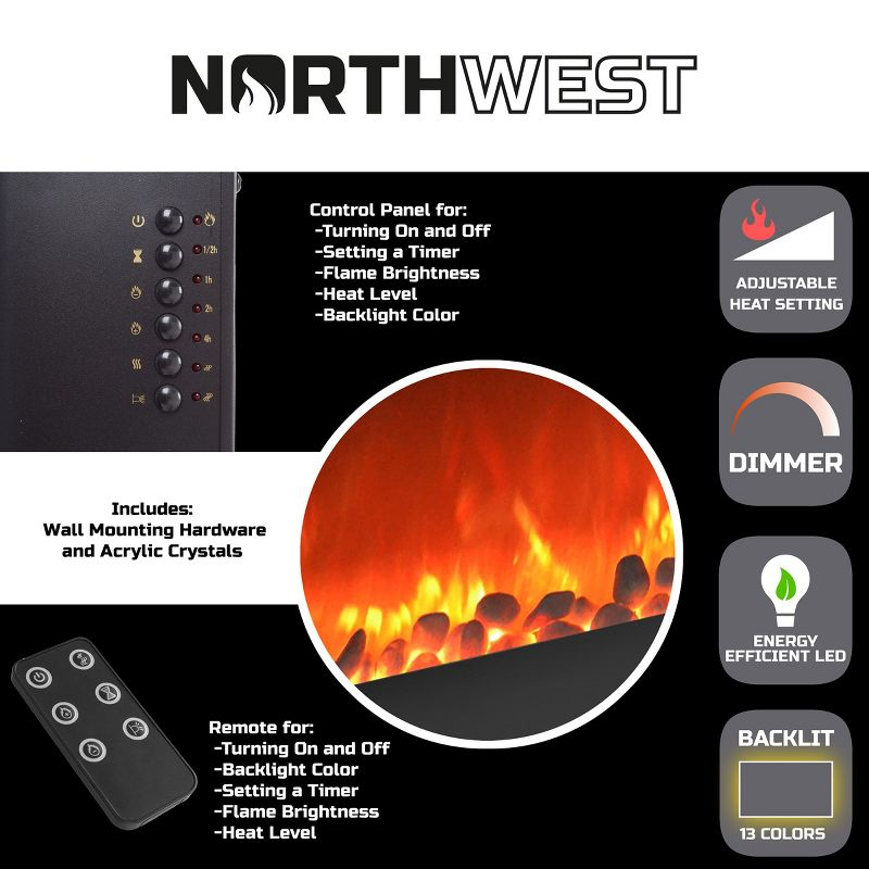 Hasting Home Electric Fireplace Wall-Mounted Heater with 13 Backlight Colors, Adjustable Heat, and Remote Control 31-Inch LED Faux  (Black)