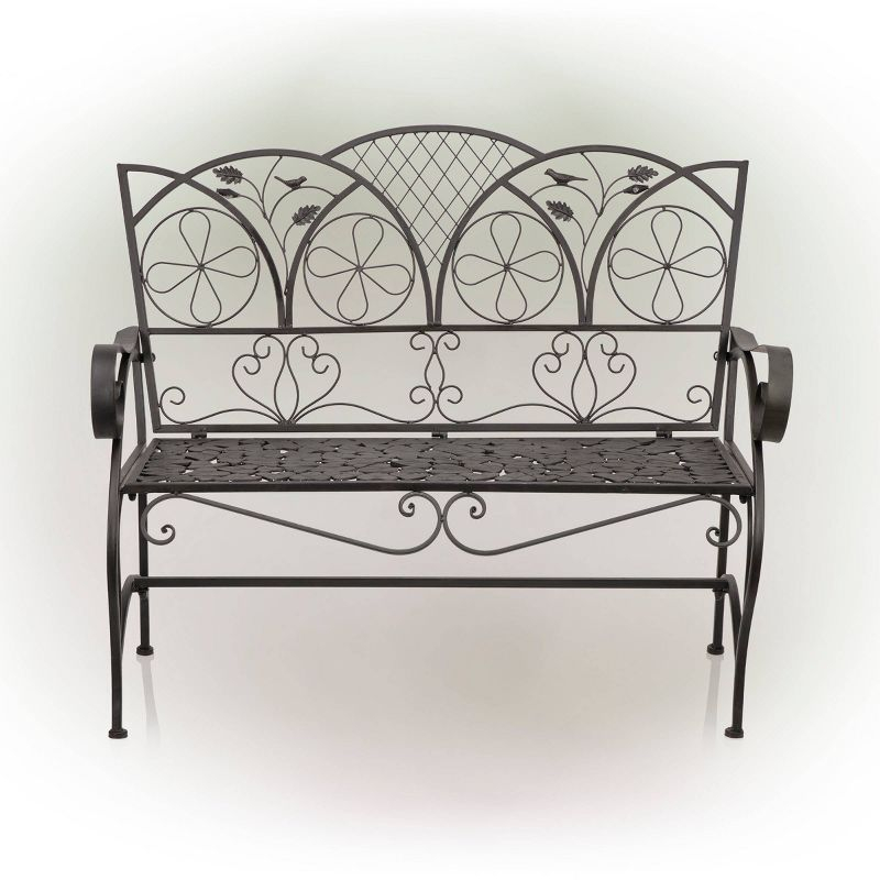 38" x 45" Iron Birds and Leaves Outdoor Garden Bench Brown - Alpine Corporation: Weatherproof, Decorative Yard Seating