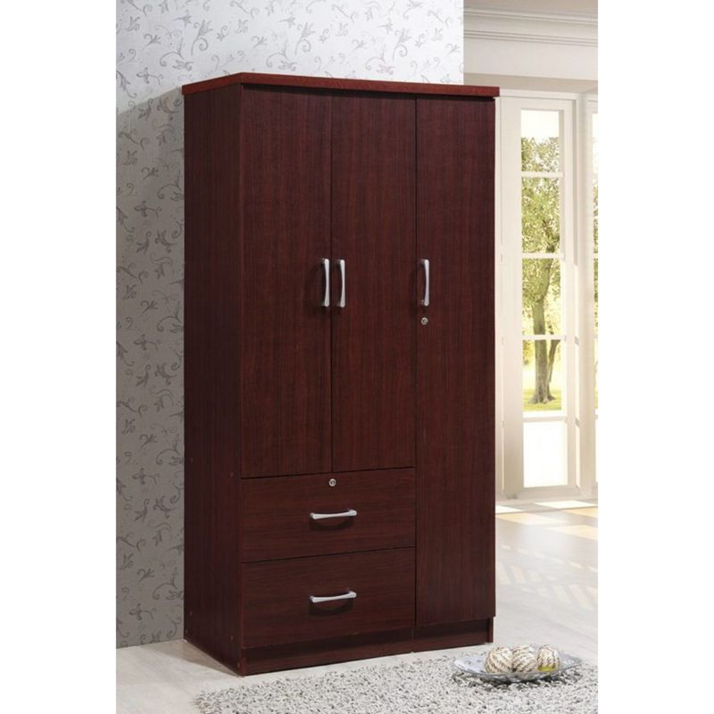 Hodedah Import Contemporary 3 Door Armoire w/ Metal Clothing Rod, 3 Shelves, 1 Standard Drawer, & 1 Locking Drawer for Bedrooms & Rented Rooms