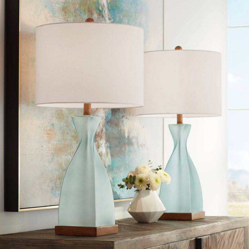 360 Lighting Ryan 28 1/2" Tall Modern Coastal End Table Lamps Set of 2 Ocean Blue Glass Off-White Shade Living Room Bedroom Bedside Nightstand House