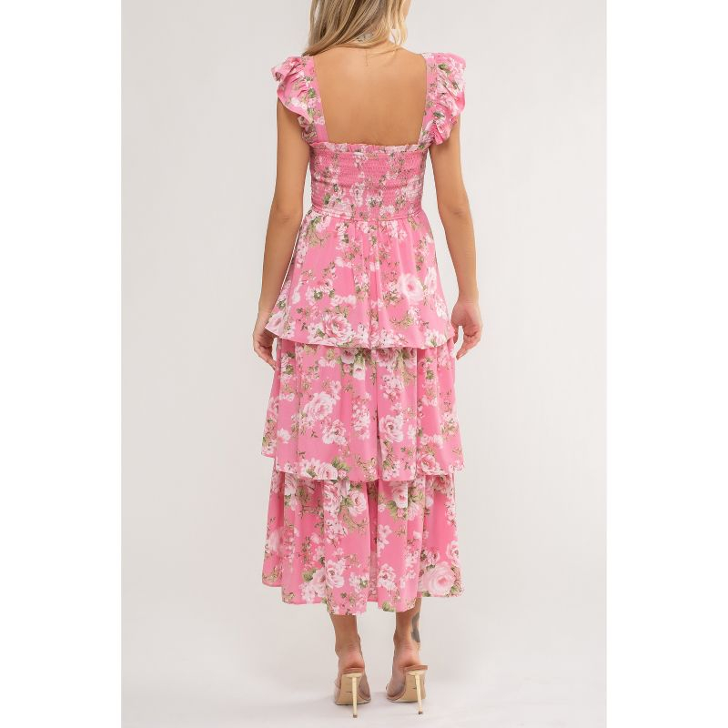 August Sky Women's Smocked Floral Tiered Midi Dress, Pink Multi Large