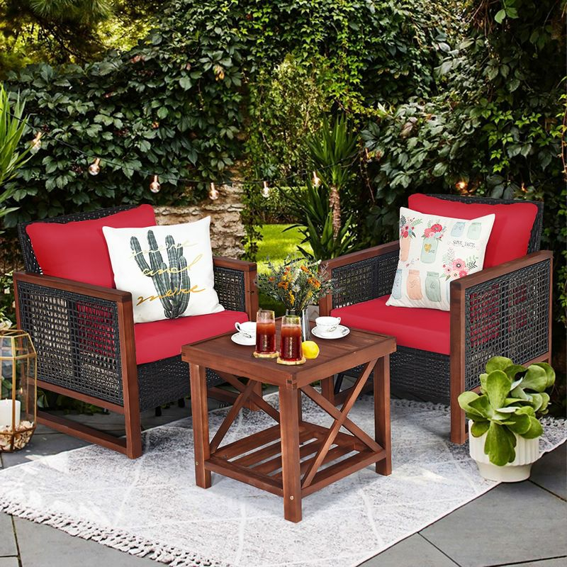 Costway 3PCS Patio Wicker Furniture Set Solid Wood Frame Cushion Sofa w/ Square Table Shelf Red