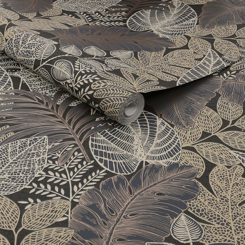 Superfresco Easy Scattered Leaves Charcoal and Gold Wallpaper