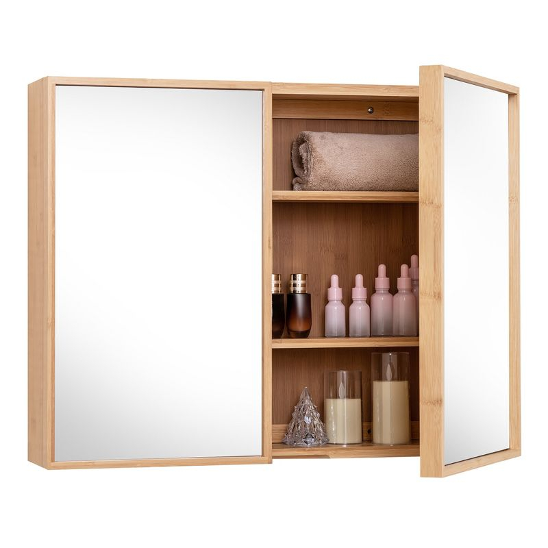 Tangkula Double Door Medicine Cabinet w/ Mirror 2 Adjustable Cabinet Shelves Natural