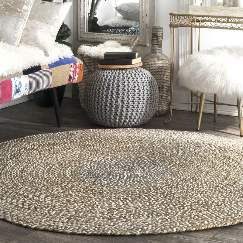 Nuloom Draya Solid 6 Round Wool Jute Indoor Area Rug for Dining Room Rug Neutral Rug Living Room Rug Kitchen, Grey/Ivory