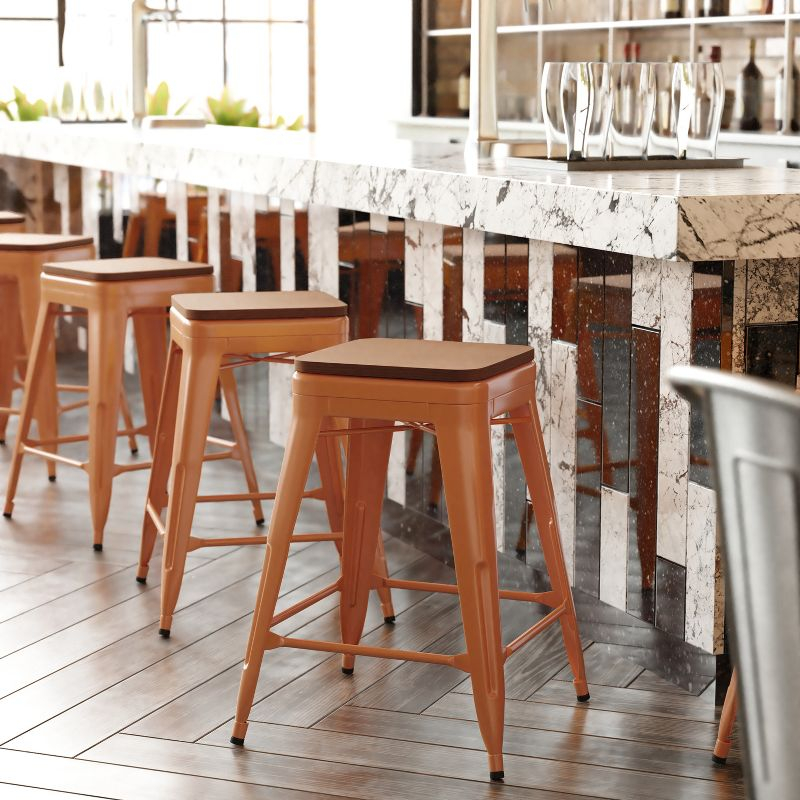 Flash Furniture Kai Commercial Grade 24" High Backless Orange Metal Indoor-Outdoor Counter Height Stool with Teak Poly Resin Wood Seat