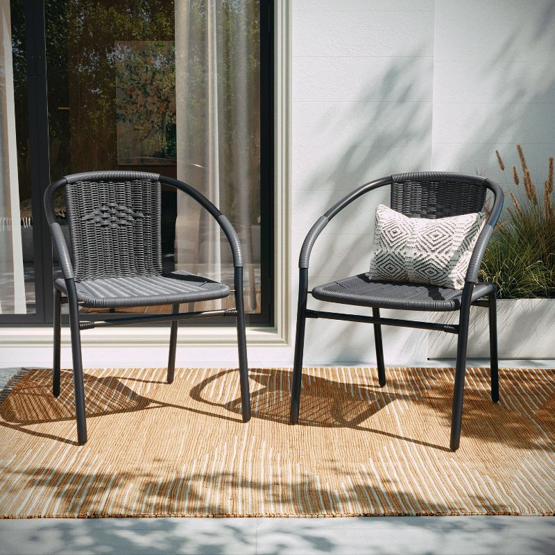 Flash Furniture Lila 2 Pack Gray Rattan Indoor-Outdoor Restaurant Stack Chair