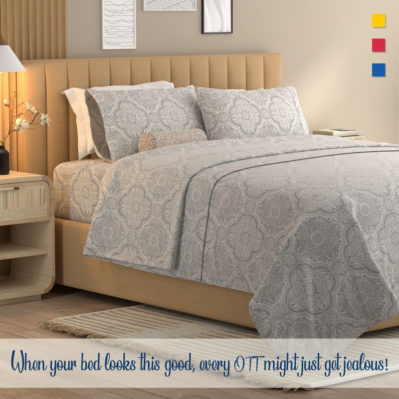 Color Sense 100% Cotton Percale Cool & Crisp 4-Piece Sheet Set Queen Textured Medallion Gray