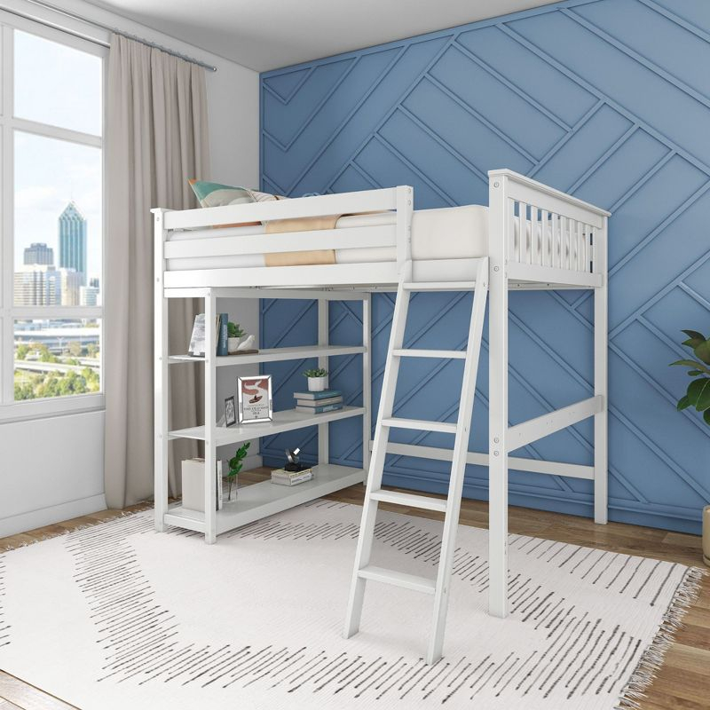 Max & Lily Solid Wood Full Size High Loft Bed with Bookcase for Kids, White