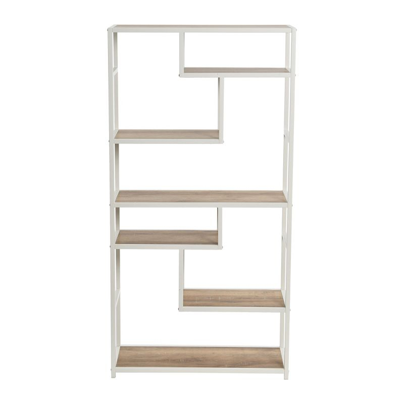 Household Essentials Jamestown Tall 6 Shelf Open Storage Bookshelf Coastal Oak Rustic Wood Grain and White Metal