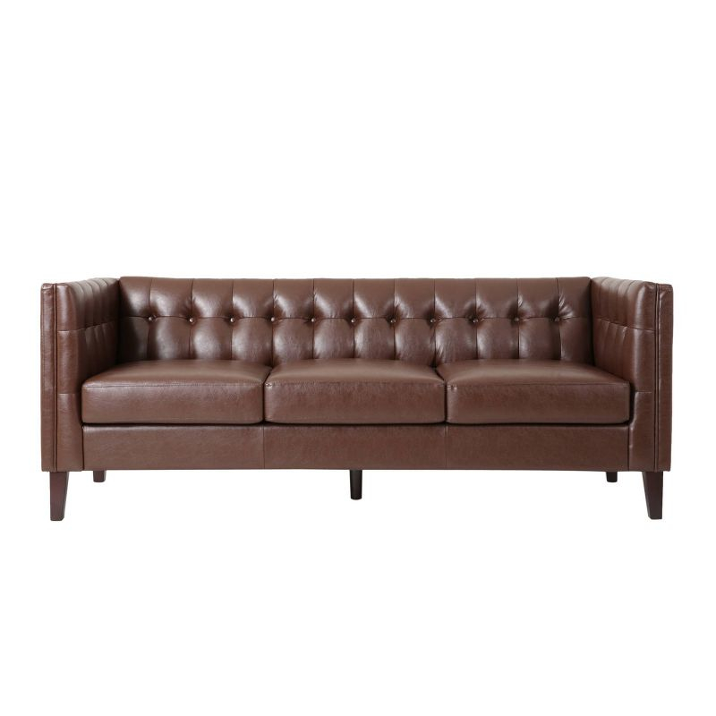 Pondway Contemporary Faux Leather Tufted 3 Seater Sofa Dark Brown/Brown - Christopher Knight Home: Elegant Low Backrest, Birch Wood Legs