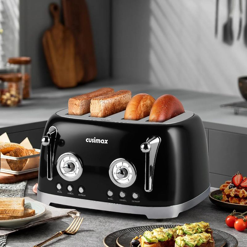 CUSIMAX 4-Slice Retro Toaster, Wide Slots for Bagels, 6 Toast Settings, Dual Controls, Black