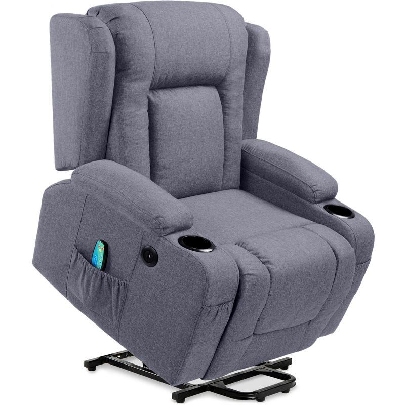 Hokku Designs Modern Linen Electric Power Lift Chair, Recliner Massage Chair, Adjustable Furniture for Back, USB Port, Heat, Cupholders | Wayfair