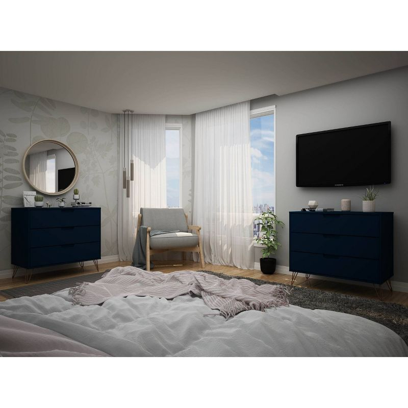 Manhattan Comfort Set of 2 Rockefeller 3 Drawer Dresser Tatiana Midnight Blue: MDF Bedroom Storage, Easy-Glide, Includes Anti-Tip Hardware