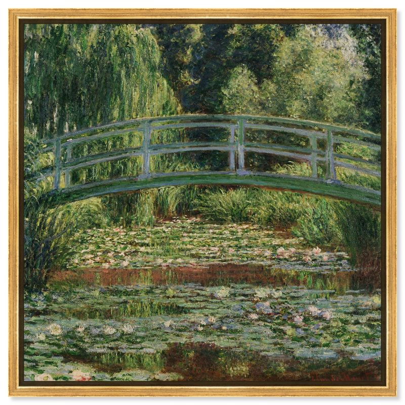 Monet - The Japanese Footbridge and the Water Lily Pool Giverny Canvas Impressionism Wall Art by Art Remedy, Gold Frame, 40" x 40"