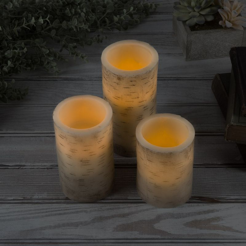 Flickering Flameless LED Candles with Birch Bark- Set of 3 Battery Operated Real Wax Pillar Candles with Remote Control and Timer by Lavish Home