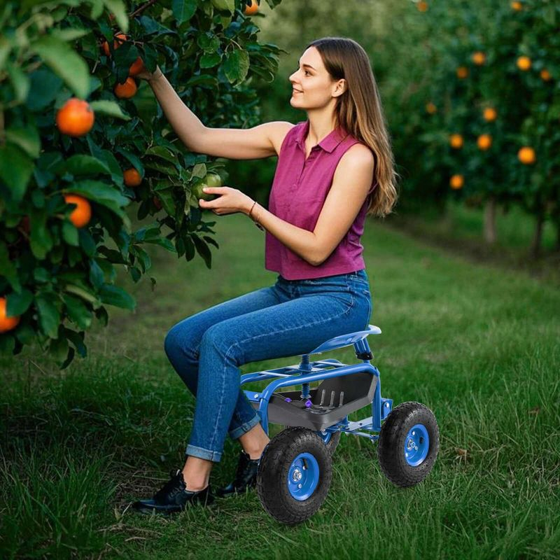 Costway Garden Cart Patio Wagon Roll Work Seat with Tray Basket Extendable Handle Blue