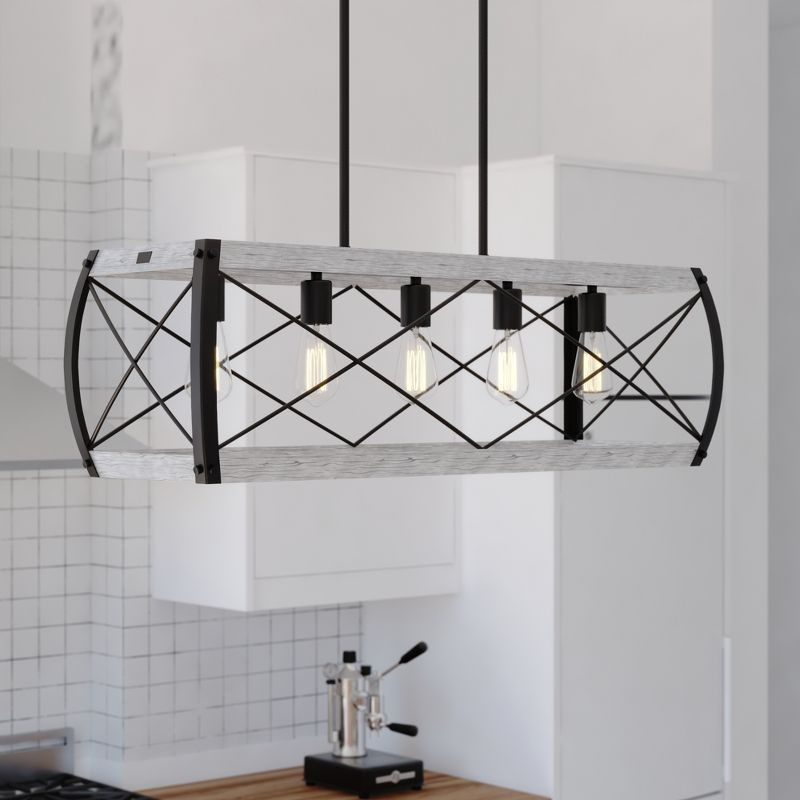 VAXCEL Montclare 5L Black and White Ash Wood Farmhouse Cage Linear Chandelier Island Pendant Light Fixture