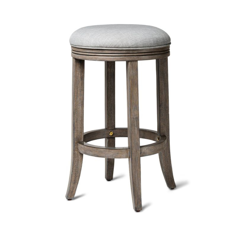 Maven Lane Eva Counter Stool in Reclaimed Oak Finish with Ash Grey Fabric Upholstery