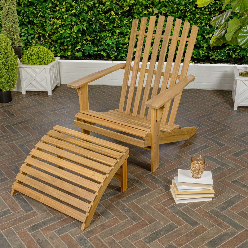 Saranac 2-Piece Traditional Rustic Acacia Wood Adirondack Chair with Detachable Ottoman, Teak Brown - JONATHAN Y