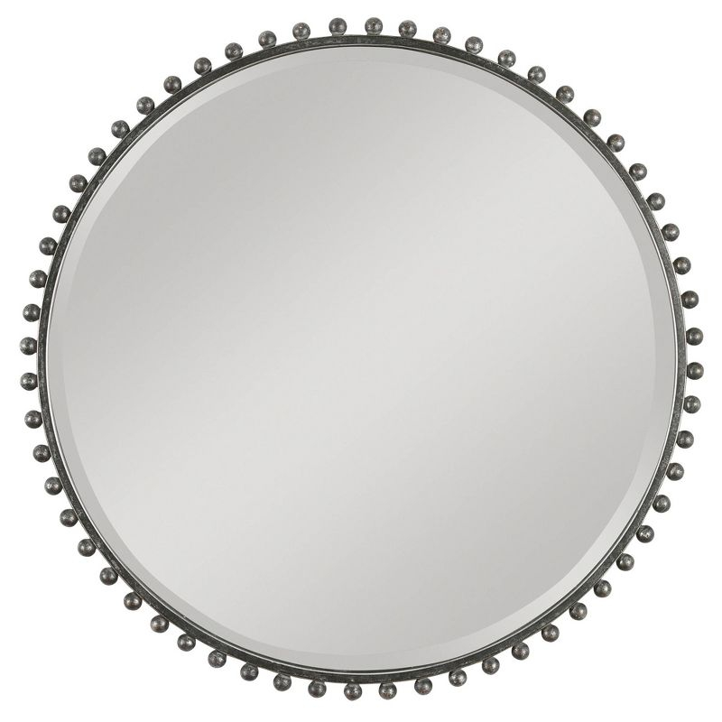 Uttermost Round Vanity Accent Wall Mirror Industrial Beveled Distressed Black Gray Glaze Iron Frame 32" Wide for Bathroom Bedroom