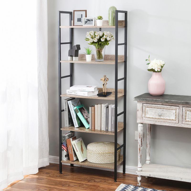 LuxenHome 5-Shelf 63" H x 23.62" W Wood and Metal Etagere Bookcase Brown