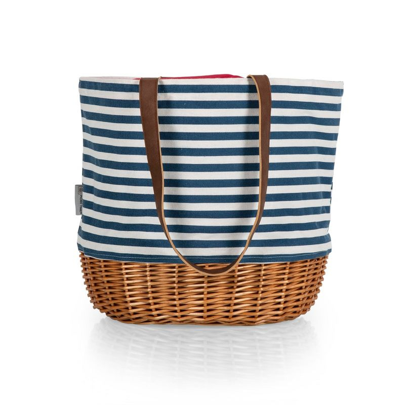 Picnic Time Coronado Canvas and Willow Basket Tote with Navy Blue and White Stripe