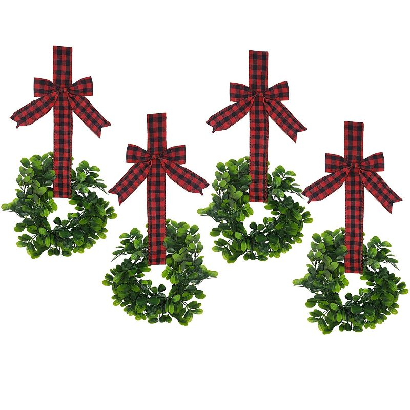 KOVOT Set of 4 Hanging Wreaths with Plaid Ribbon Bow. Christmas Decoration for Cabinets, Behind Chairs, Doors, Railings & Windows - Black & Red