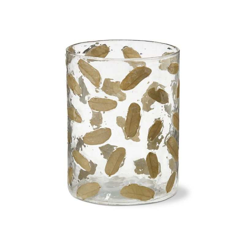 tag Botanica Clear Glass Pillar Candle Holder with Embedded Small Brown Leaves Hurricane, 3.9L x 3.9W X 5.1H inch