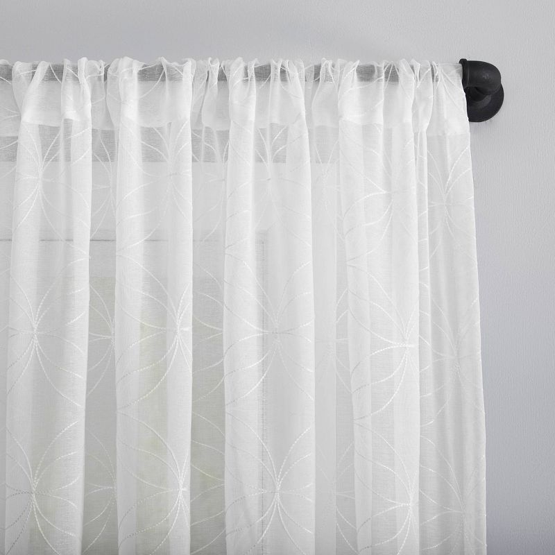 63"x50" Tamaryn Embroidered Trellis Sheer Rod Pocket Curtain Panel White - No. 918: Modern Polyester Curtains
