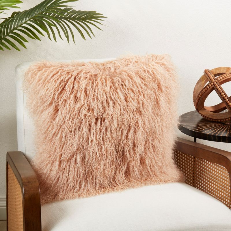 Saro Lifestyle 100% Wool Mongolian Lamb Fur Throw Pillow With Poly Filling, Peach, 16" x 16"