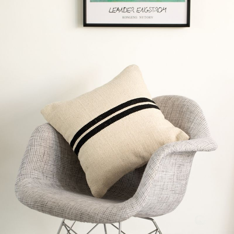 DEERLUX 16" Handwoven Cotton Throw Pillow Cover with Two Center Black Stripes with Filler, Natural