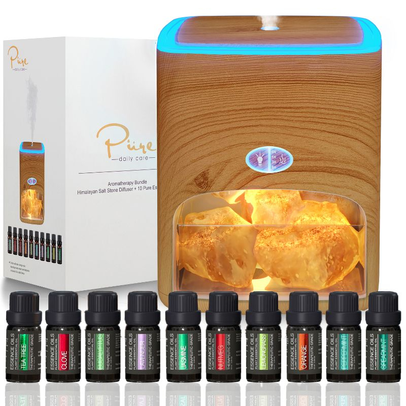 Pure Daily Care Himalayan Aromatherapy Pink Salt Diffuser & 10 Essential Oils (Light Wood)