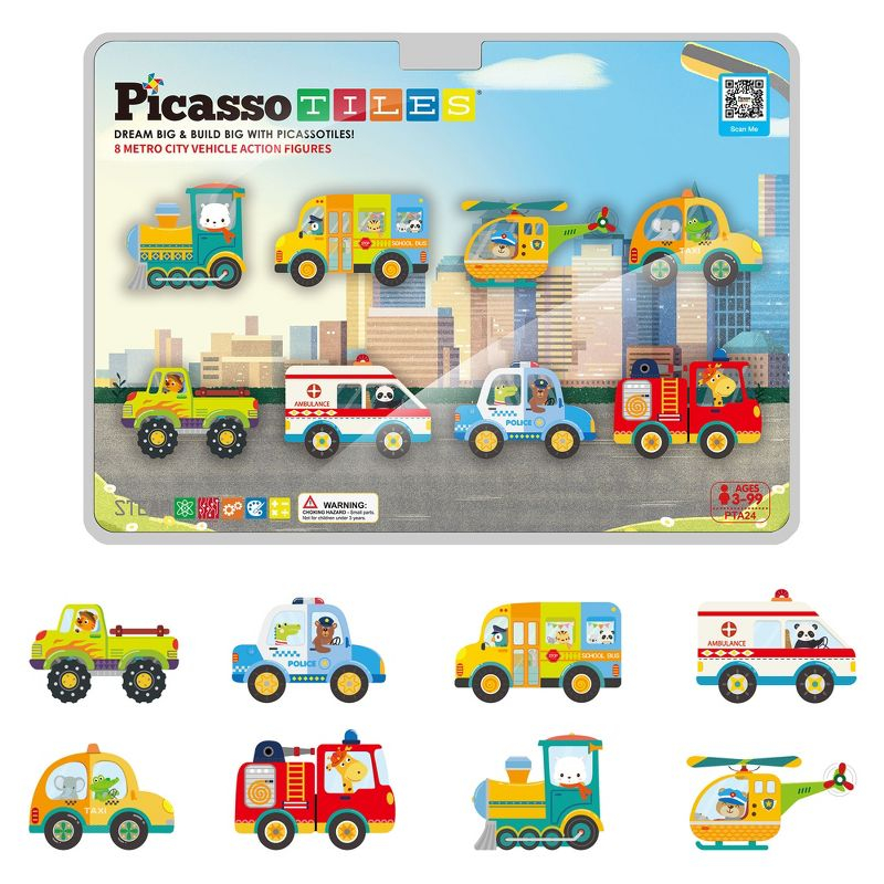 Picasso-TILES 8 PC Metro City Vehicle Themed, Magnetic Tiles, Building Blocks, STEM Toys for Kids 3+
