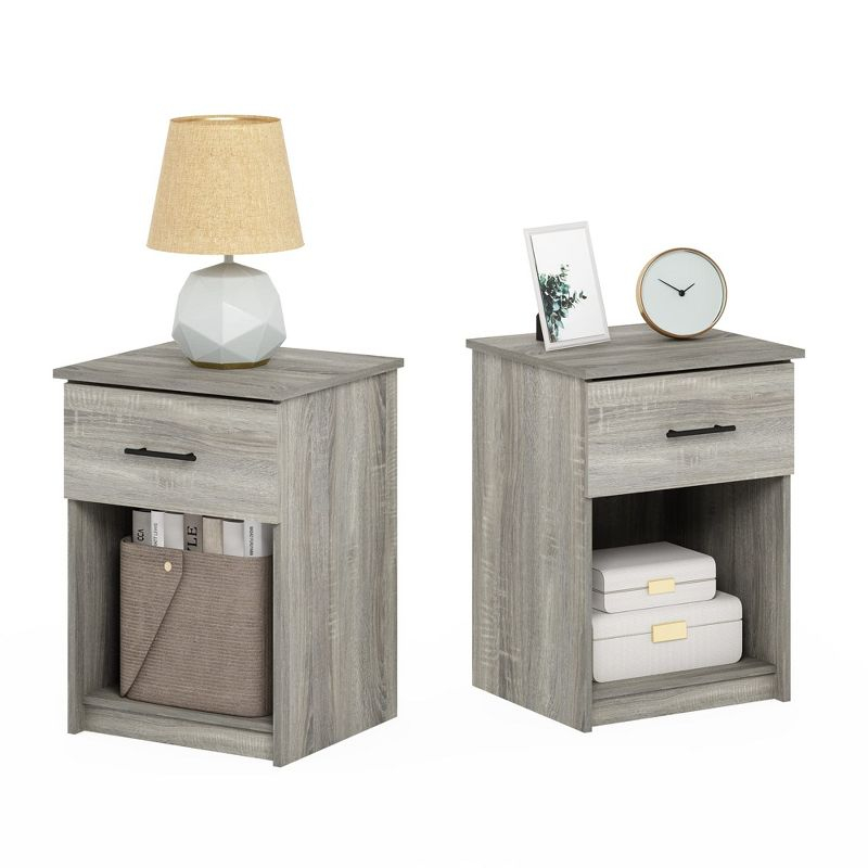 Furinno 2PCS Mid-Century Nightstand Multipurpose End Table Accent Side Table W/Drawer & Open Storage Cube for Bedroom,Living Room,French Oak Grey