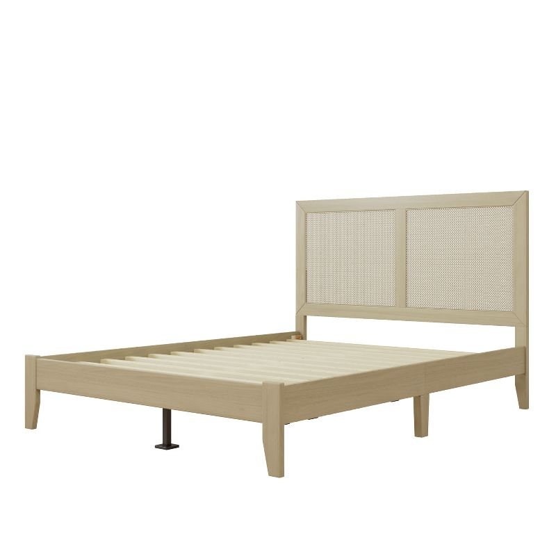 Christopher Knight Home Eudoca Rubber Wood Platform Bed with Rattan Woven Headboard, Natural, Queen